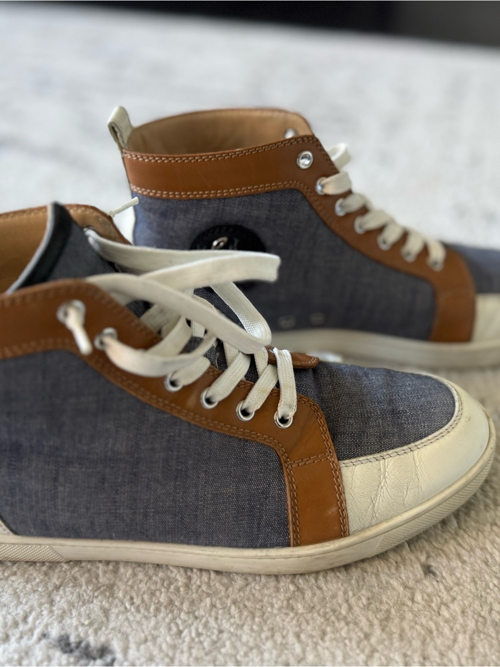 Christian Louboutin Blue Canvas and Brown Leather High-Top Sneakers